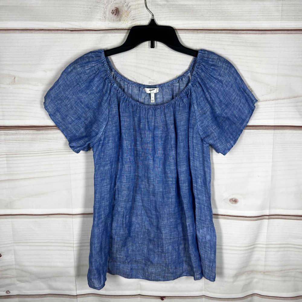 Joie Linen Blouse Womens Small Blue Solid Scoop‎ Neck Short Sleeve Relaxed Fit